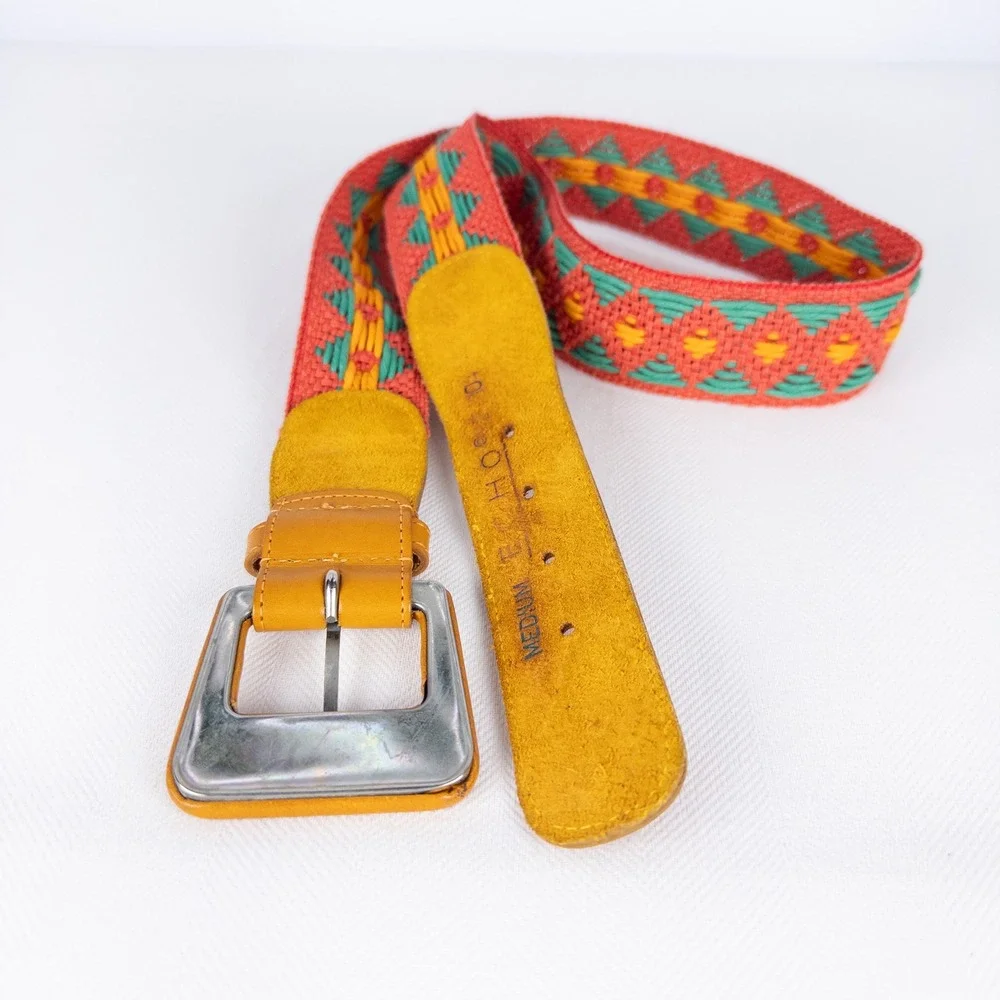 Boho Vintage Coral Turquoise Woven Textile Belt Leather Buckle Geometric 70s